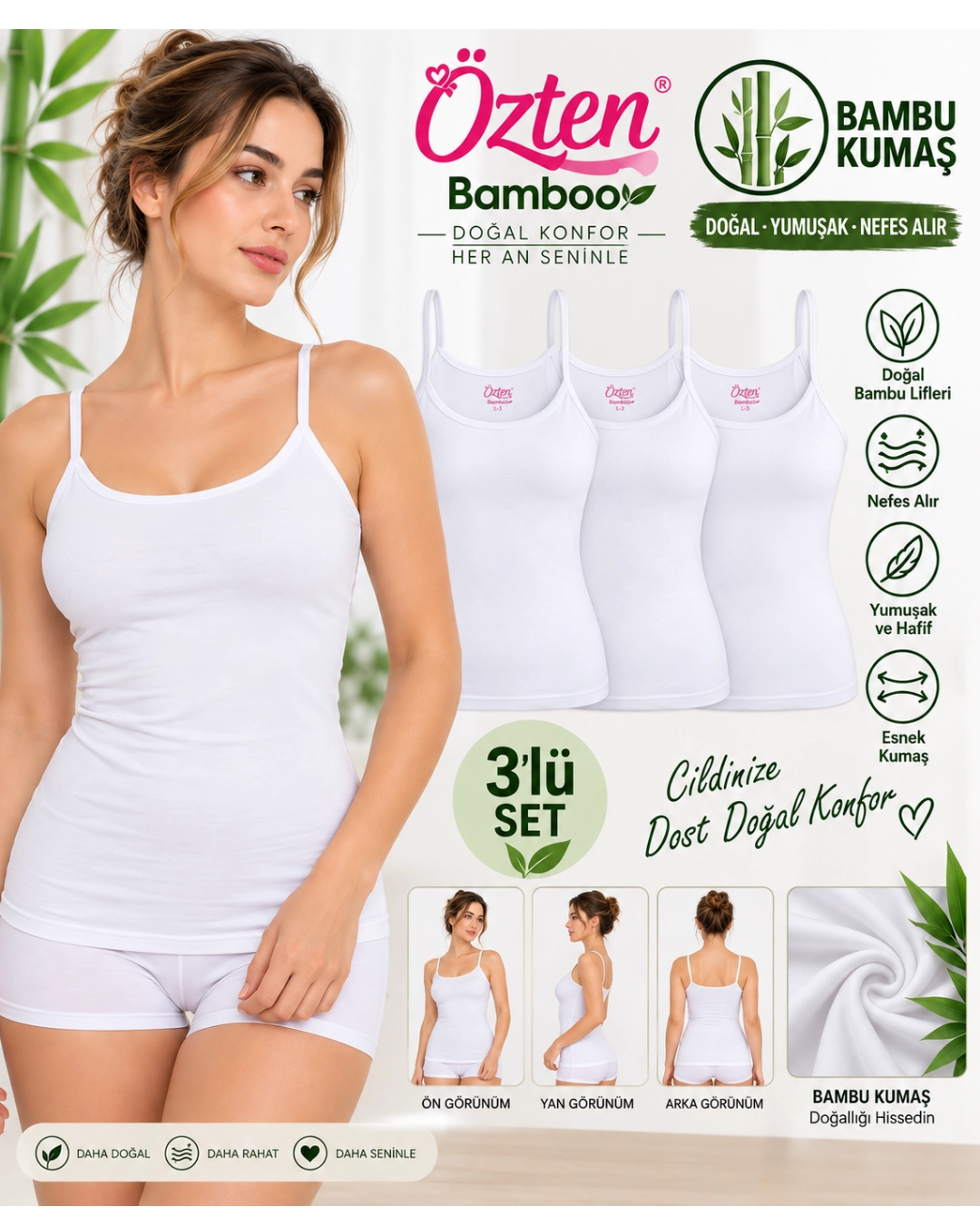 UN REAL  Özten 3’lü Kadın Bambu Kumaş İp Askılı Atlet Seti – Yumuşak ve Esnek