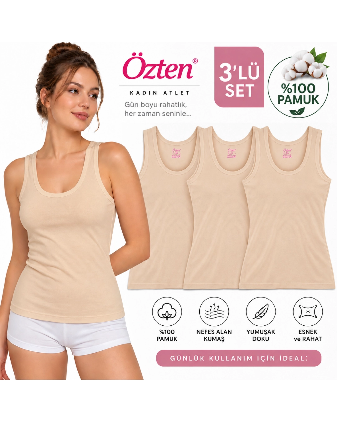 UN REAL Özten Kadın Geniş Askılı Ribana %100 Pamuk Atlet 3’lü Paket