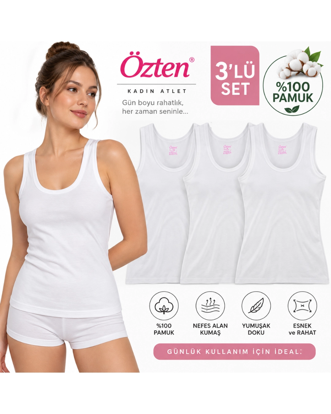 UN REAL Özten Kadın Geniş Askılı Ribana %100 Pamuk Atlet 3’lü Paket