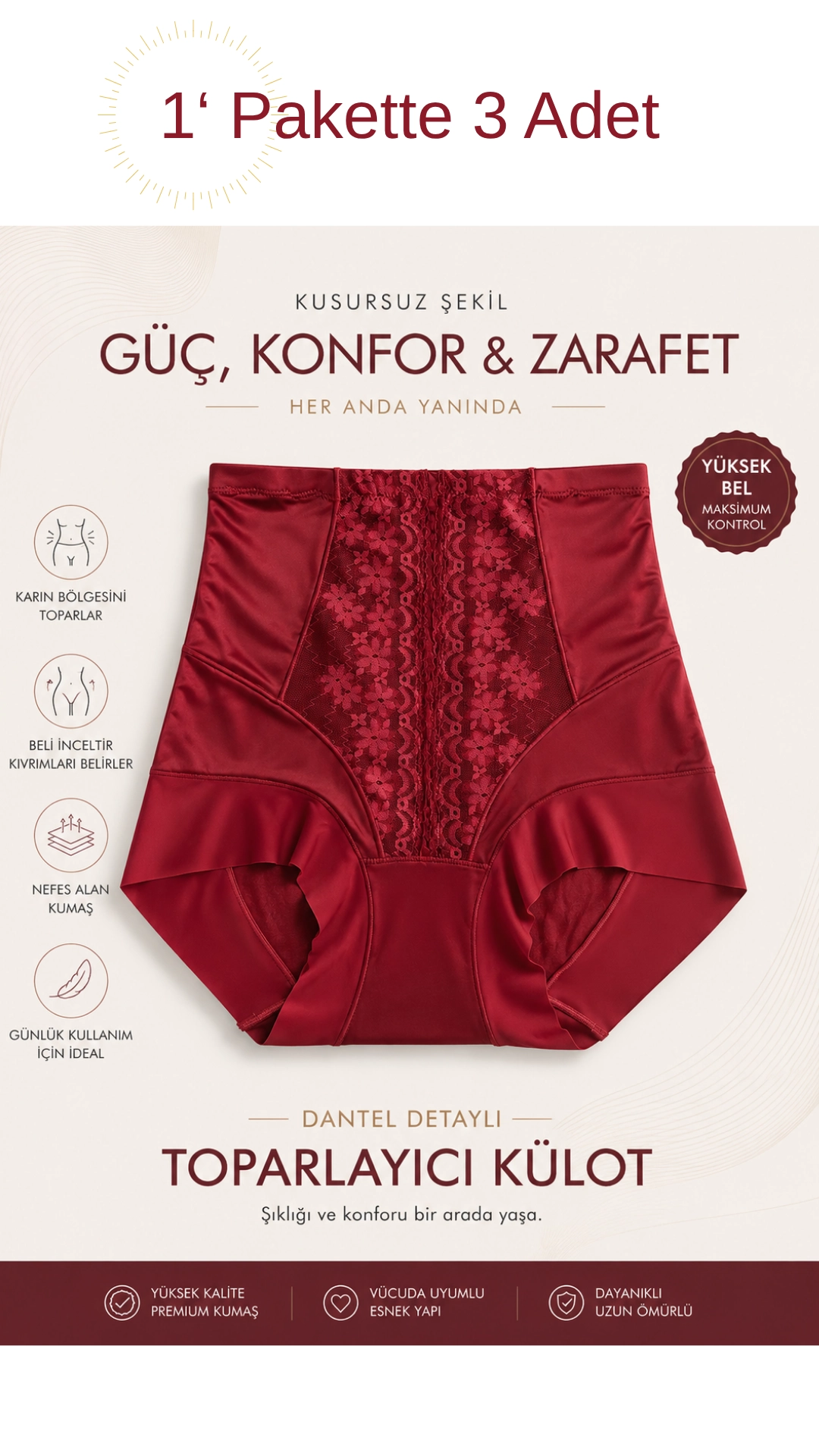 Un Real Kadın 3 Lü Yüksek Bel Dantel Detaylı Toparlayıcı Korseli Külot