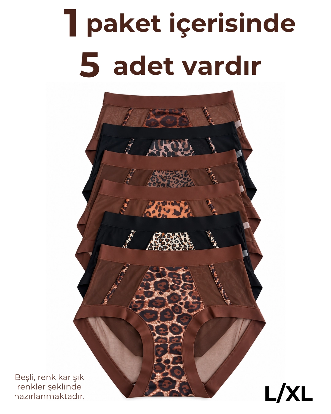 UN REAL 5’li Kadın Leopar Desenli Tül Detaylı Külot Seti, Pamuklu İç Astarlı