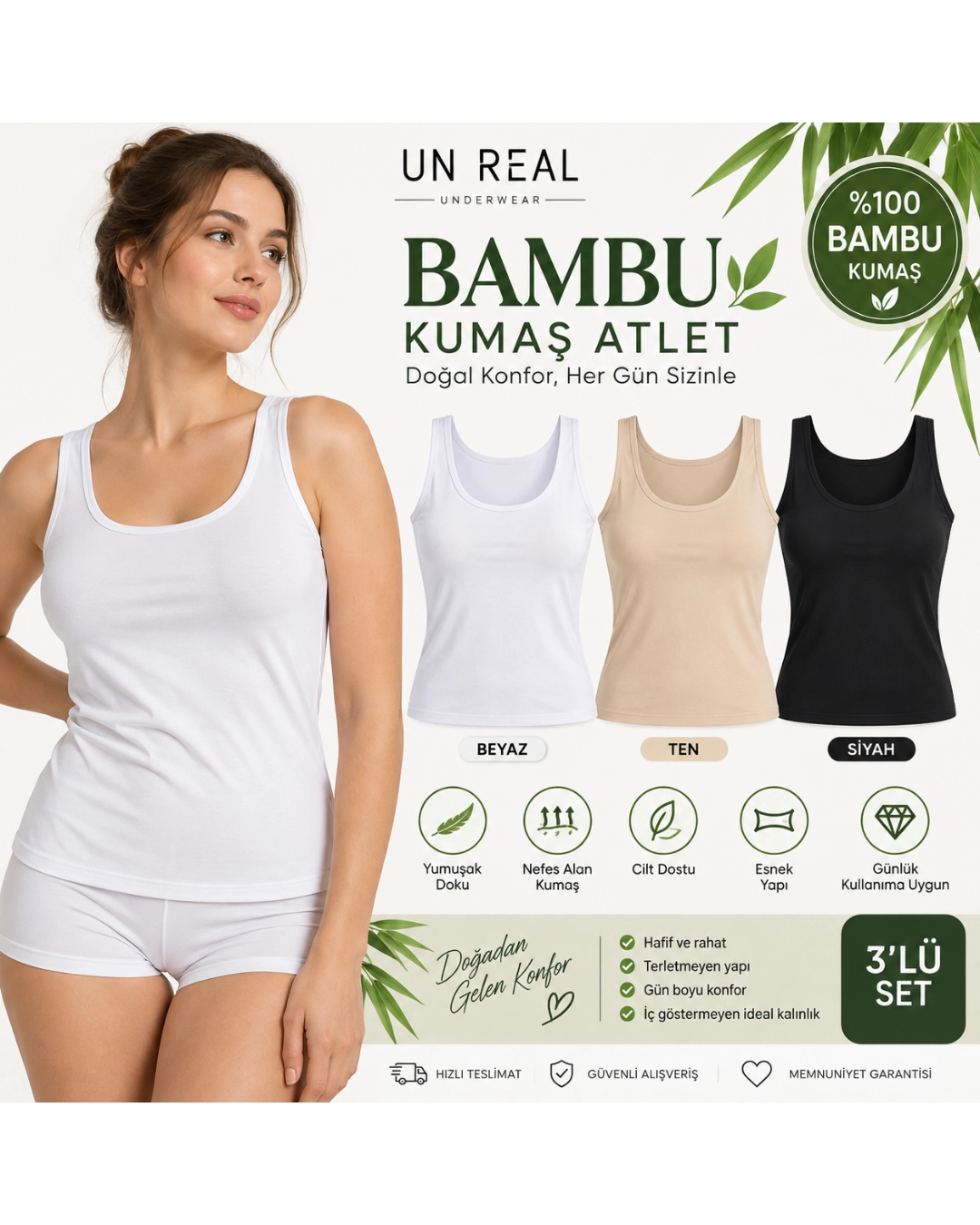 UN REAL ÖZTEN 3’lü Kadın Geniş Askılı Bambu Atlet Seti – Yumuşak ve Esnek