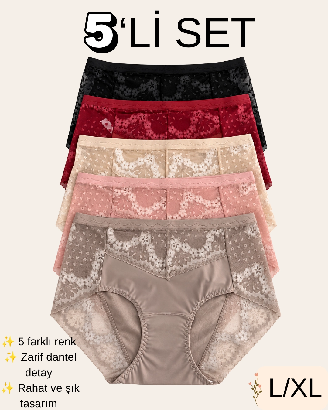 UN REAL 5’li Kadın Çiçek Desenli Dantel Detaylı Külot Seti L/XL