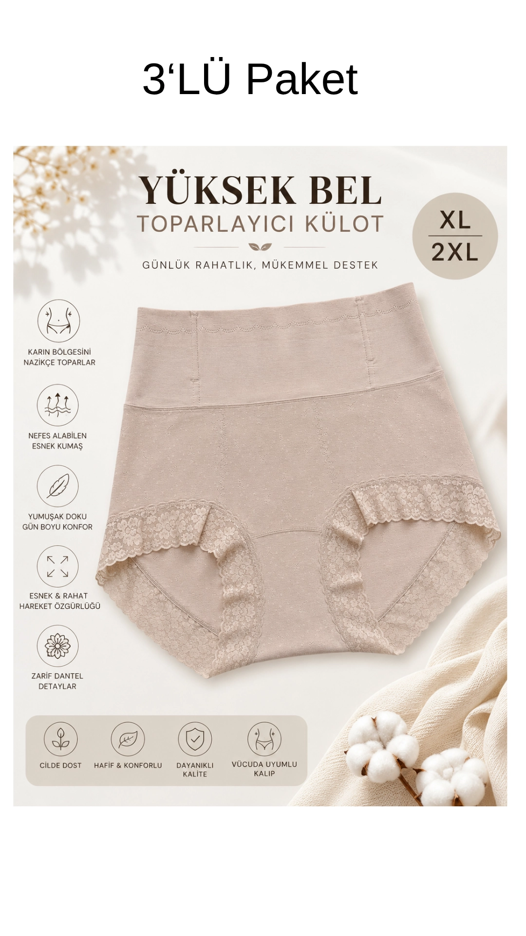 Un Real Kadın 3 Lü Yüksek Bel Paçası Dantelli Toparlayıcı Korseli Külot
