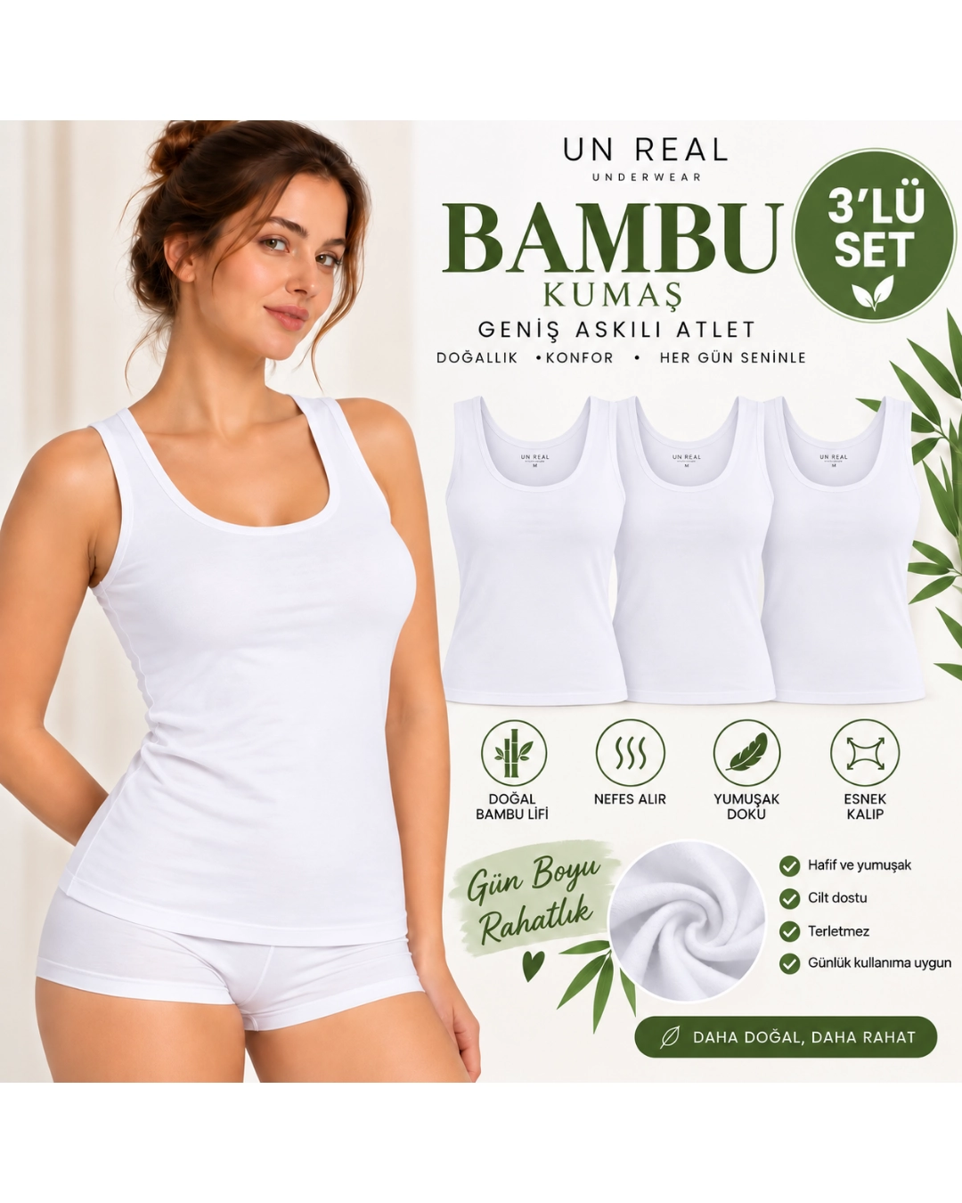 UN REAL ÖZTEN 3’lü Kadın Geniş Askılı Bambu Atlet Seti – Yumuşak ve Esnek