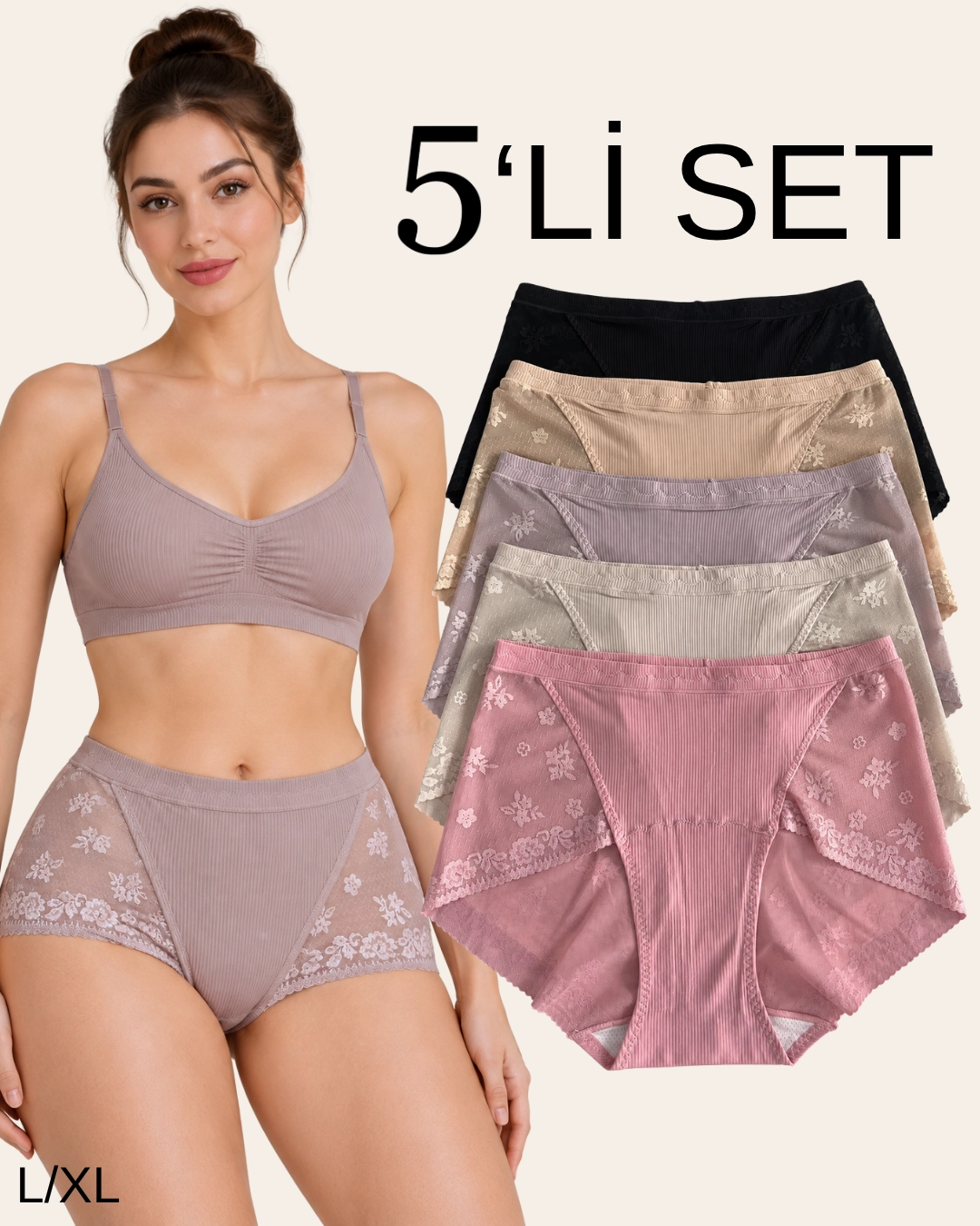 UN REAL 5’li Kadın Yüksek Bel Fitilli Çiçek Desenli Dantel Detaylı Külot Seti L/XL