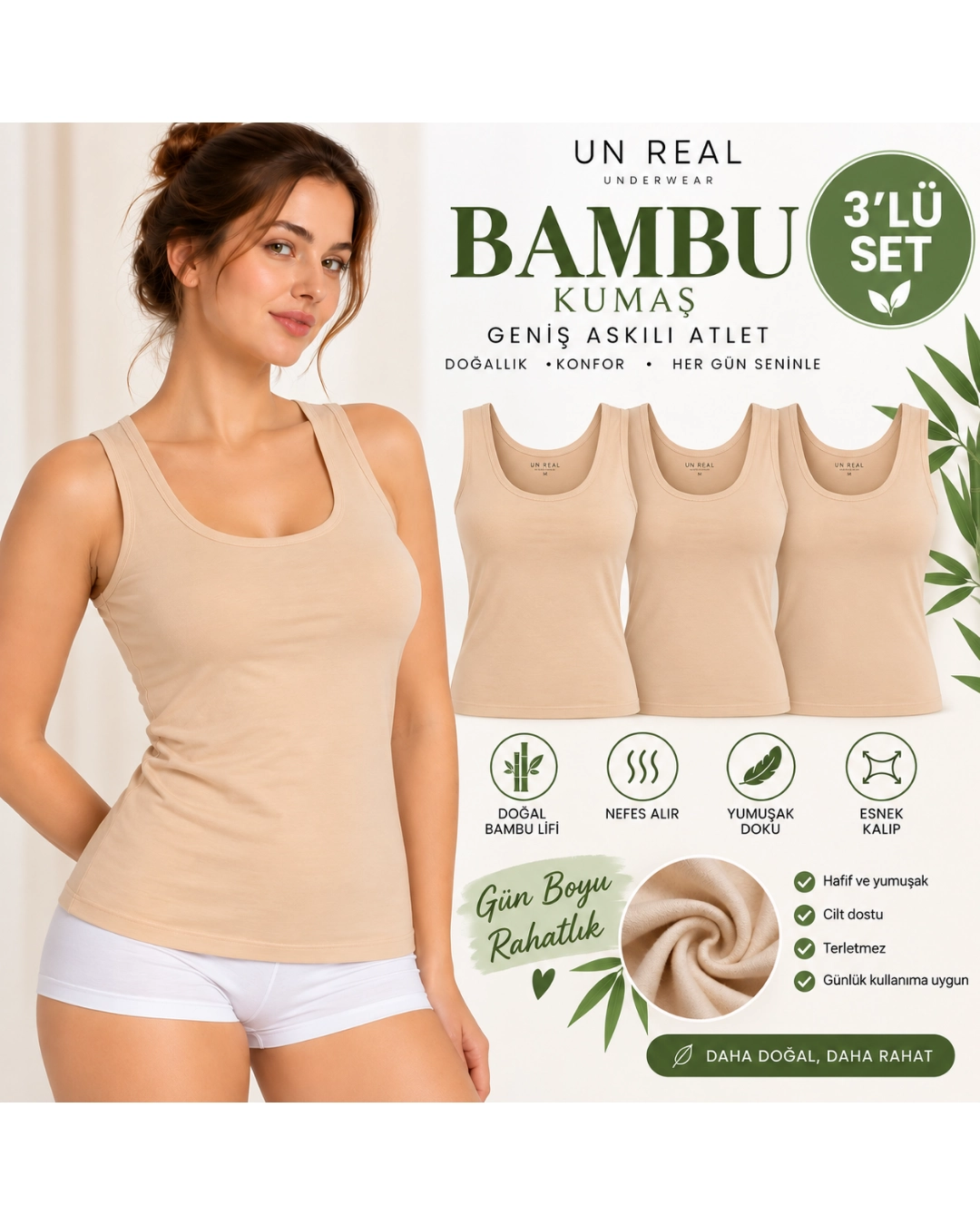 UN REAL ÖZTEN 3’lü Kadın Geniş Askılı Bambu Atlet Seti – Yumuşak ve Esnek