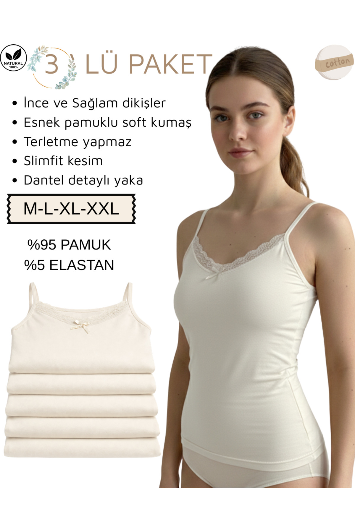 3’lü Kadın Pamuklu Dantelli Atlet İp Askılı Esnek Yumuşak Kumaş Tam Kalıp