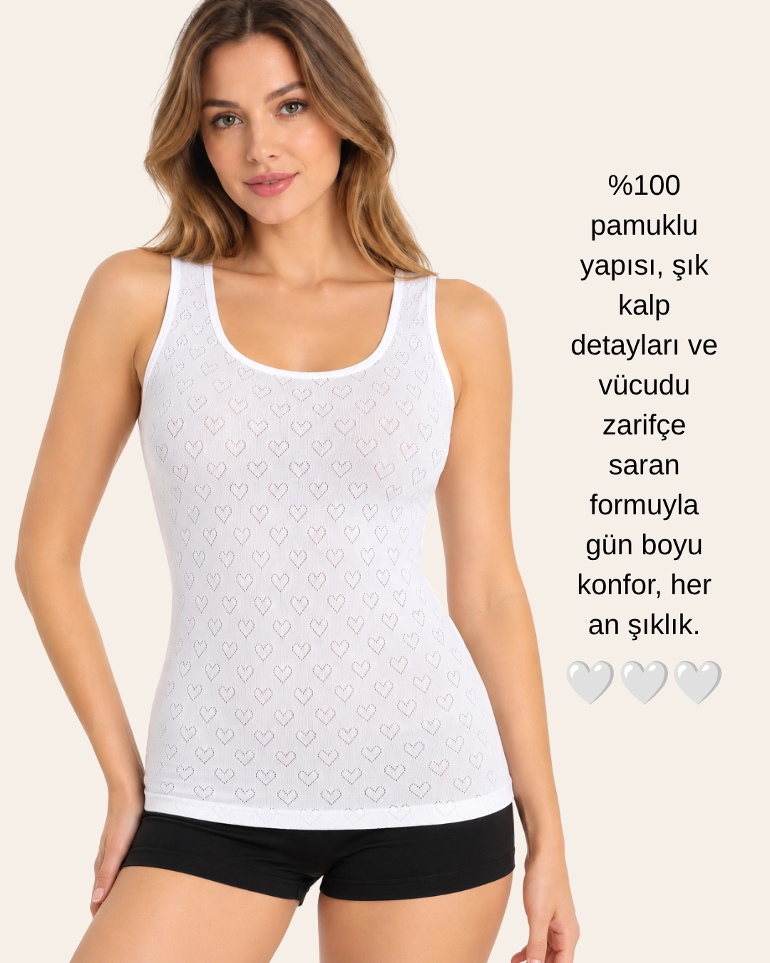 UN REAL Özten Kadın Geniş Askılı Kalp Baskılı % 100 Pamuk Atlet 3’lü Paket