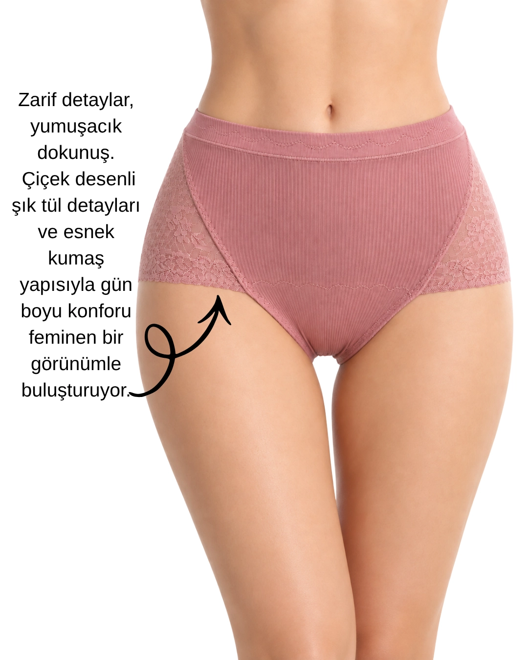 UN REAL 5’li Kadın Yüksek Bel Fitilli Çiçek Desenli Dantel Detaylı Külot Seti L/XL