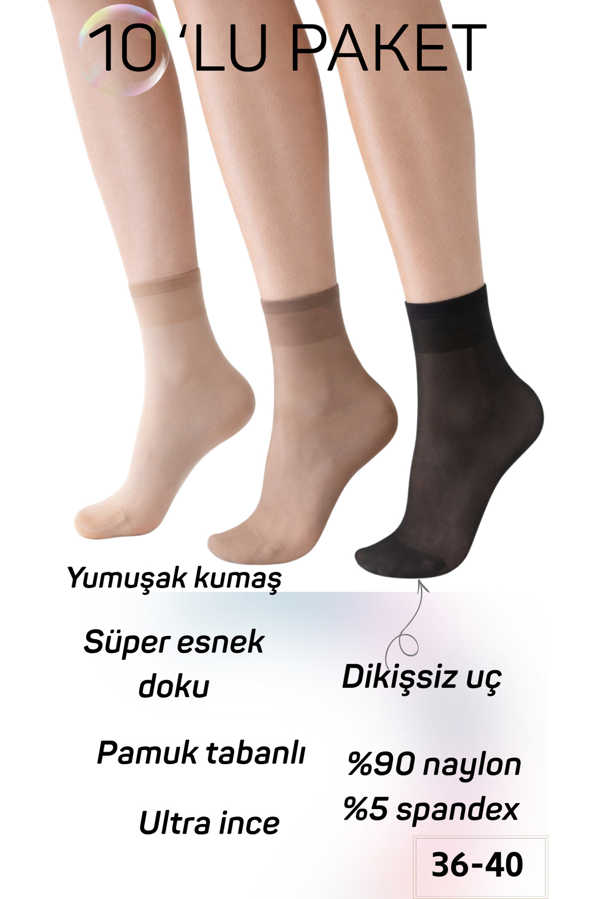 Kadın 15 Denye Pamuk Taban Şeffaf Çorap 10’lu Paket – Esnek, Dikişsiz Uç (36-40)