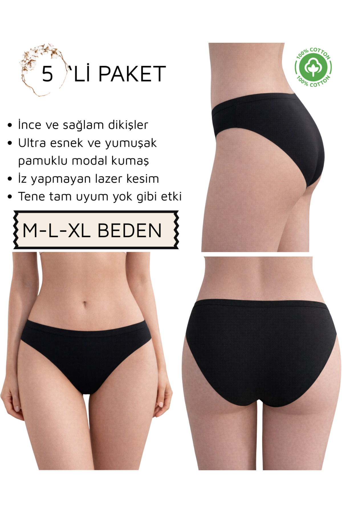 5’li Paket Kadın Slip Külot Lazer Kesim Dikiş İzi Yapmaz Esnek Pamuk Modal M/L/XL