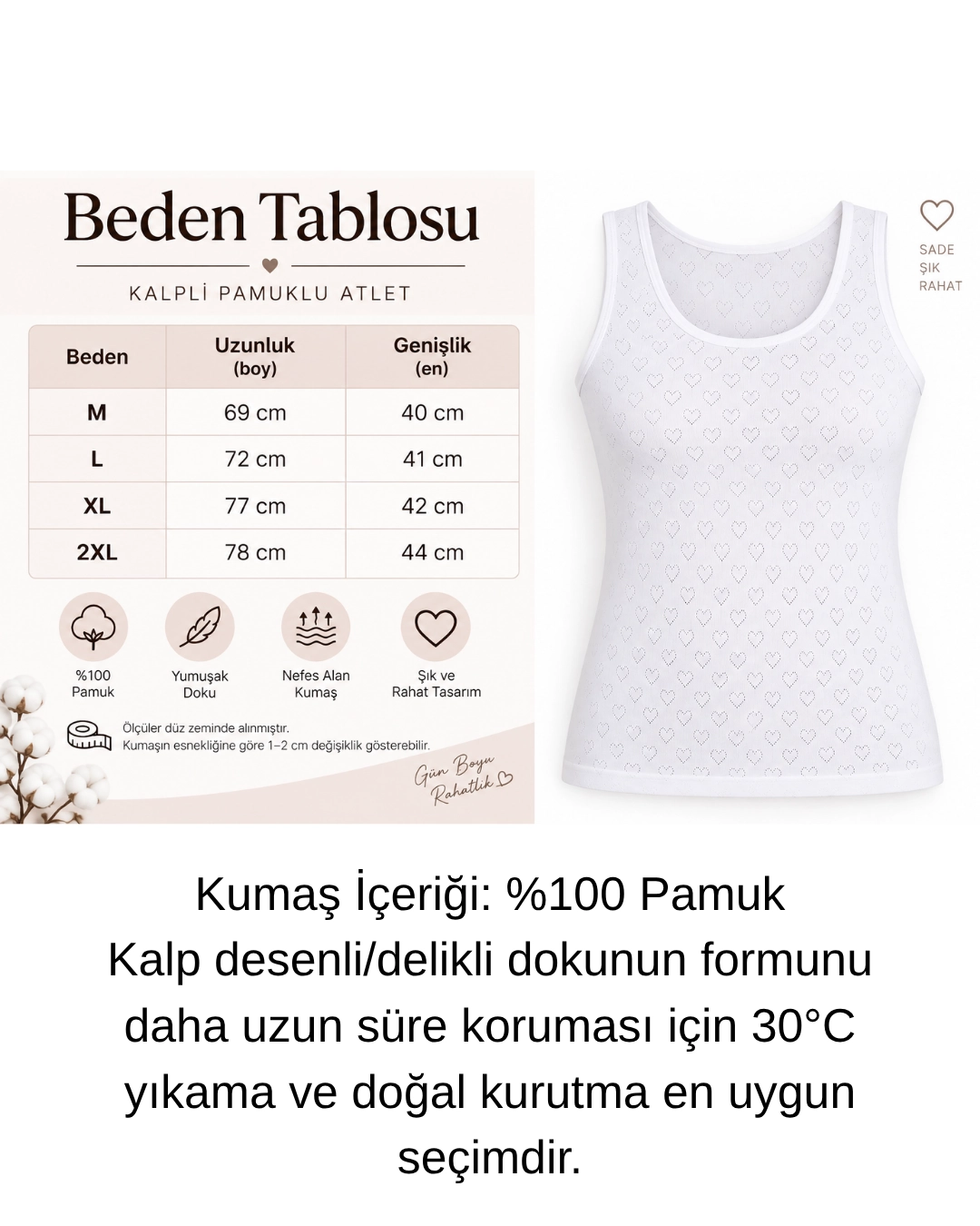 UN REAL Özten Kadın Geniş Askılı Kalp Baskılı % 100 Pamuk Atlet 3’lü Paket