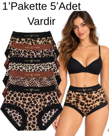 UN REAL 5’li Kadın Yüksek Bel Leopar Desenli Geniş Bel Bantlı Külot Seti