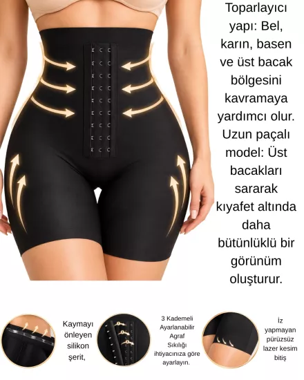 UN REAL Kadın Yüksek Bel Uzun Paçalı Toparlayıcı Korse Şort 3 Kademeli Agraflı