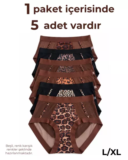 UN REAL 5’li Kadın Leopar Desenli Tül Detaylı Külot Seti, Pamuklu İç Astarlı