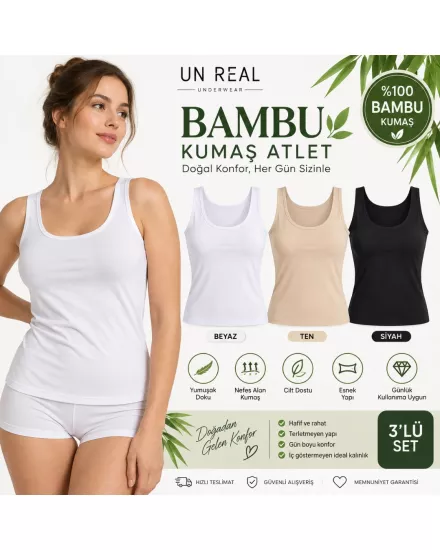 UN REAL ÖZTEN 3’lü Kadın Geniş Askılı Bambu Atlet Seti – Yumuşak ve Esnek