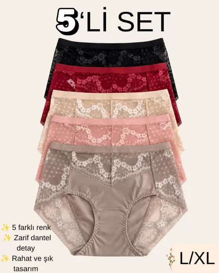 UN REAL 5’li Kadın Çiçek Desenli Dantel Detaylı Külot Seti L/XL