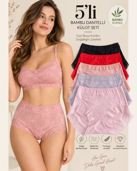 Kadın Yüksek Bel Dantelli Külot 5’li Paket Modal Pamuk Elastan Yumuşak Esnek Rahat İç Giyim