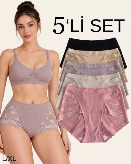 UN REAL 5’li Kadın Yüksek Bel Fitilli Çiçek Desenli Dantel Detaylı Külot Seti L/XL