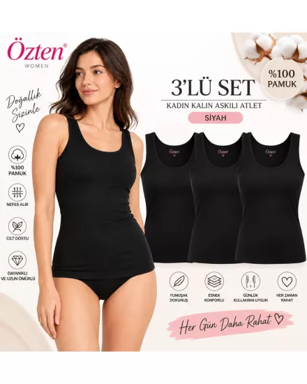 UN REAL Özten Kadın Geniş Askılı Ribana %100 Pamuk Atlet 3’lü Paket