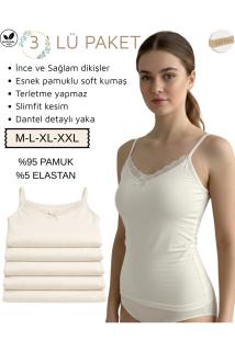 3’lü Kadın Pamuklu Dantelli Atlet İp Askılı Esnek Yumuşak Kumaş Tam Kalıp
