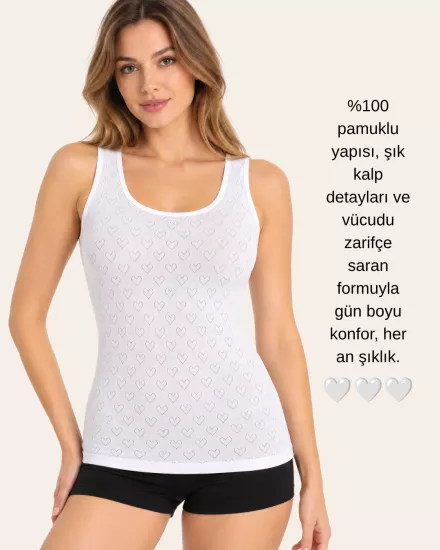 UN REAL Özten Kadın Geniş Askılı Kalp Baskılı % 100 Pamuk Atlet 3’lü Paket