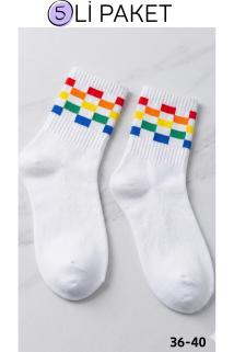 Unisex Pamuklu Soket Çorap 5’li Paket Renkli Desenli Günlük Spor Çorap 36-40