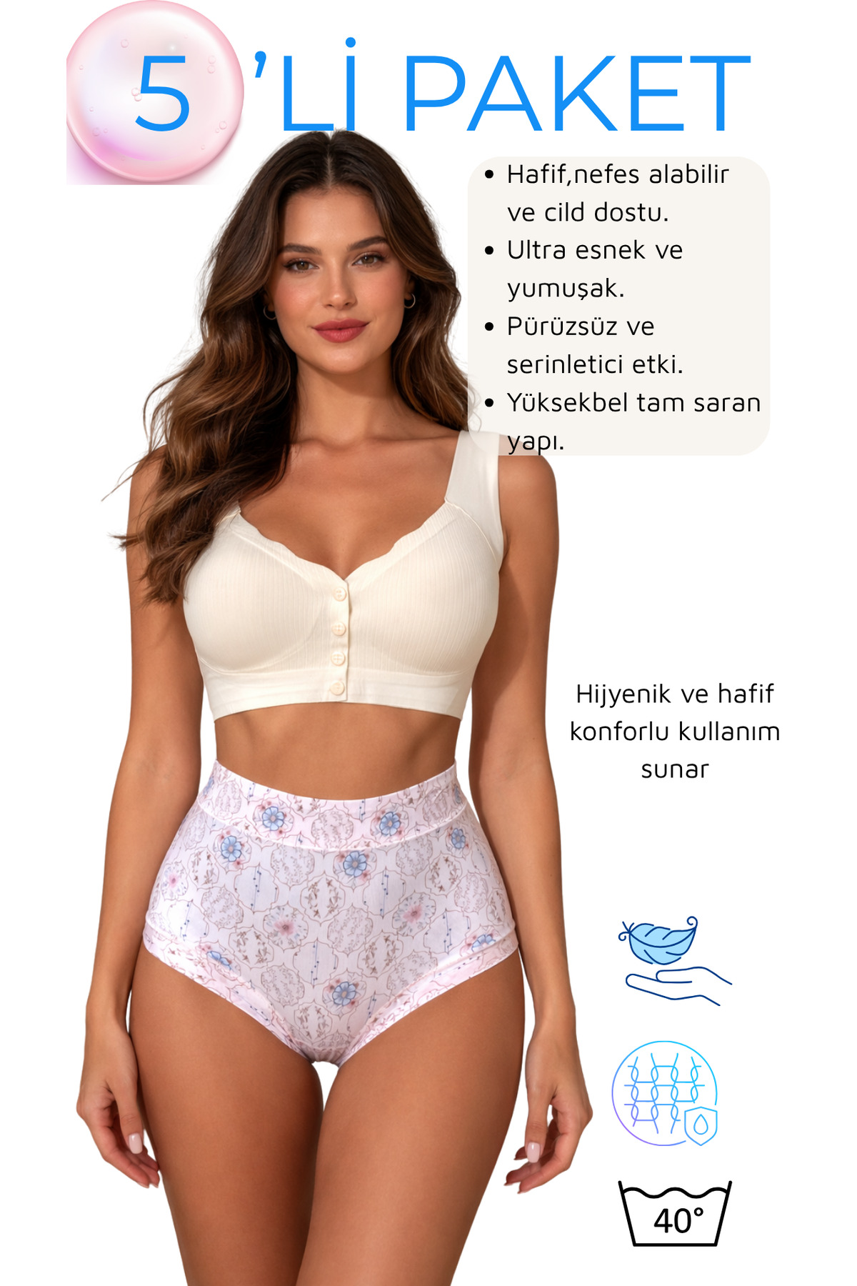 Kadın Desenli Yüksek Bel Pamuklu Dantel Detaylı Külot 5’li Set