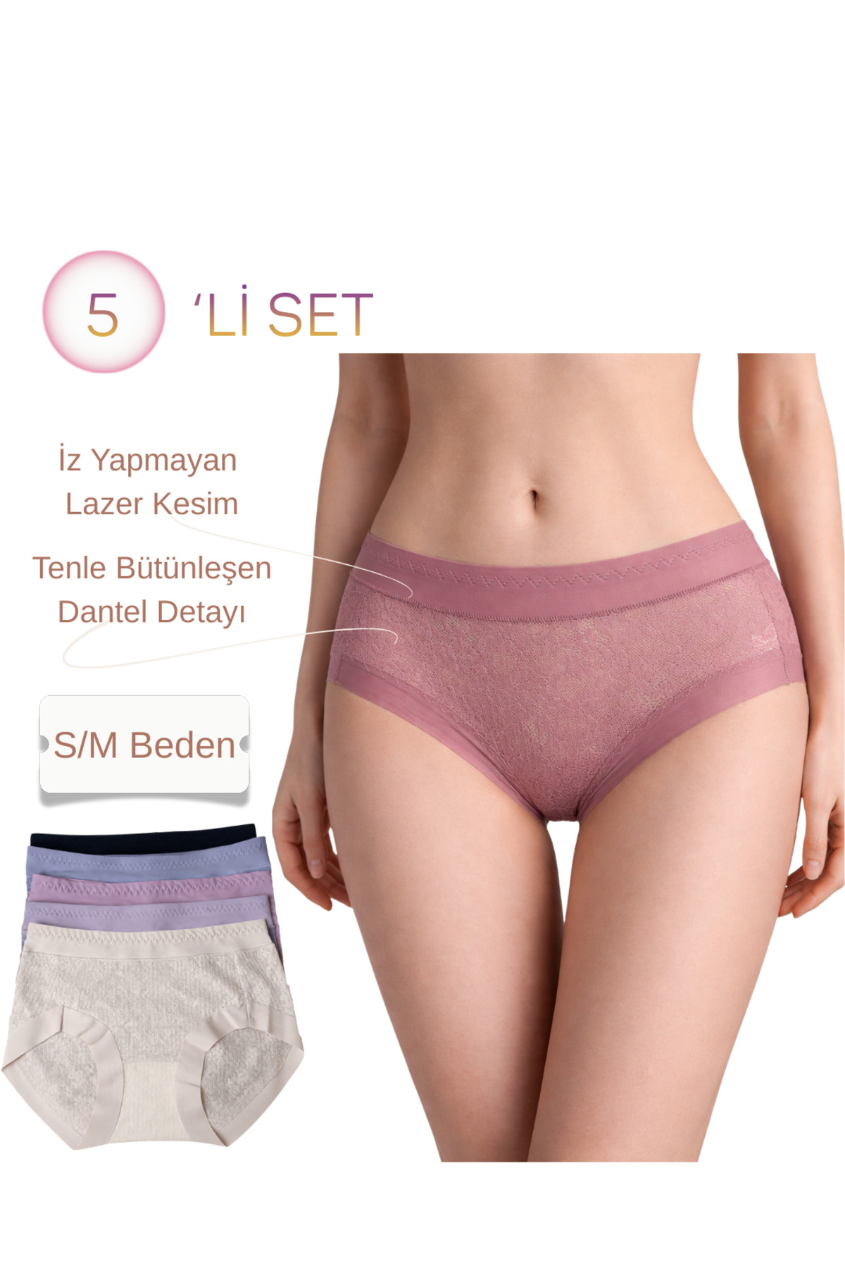 Kadın Lazer Kesim Dantelli Külot 5’li Set – İz Yapmayan, S/M