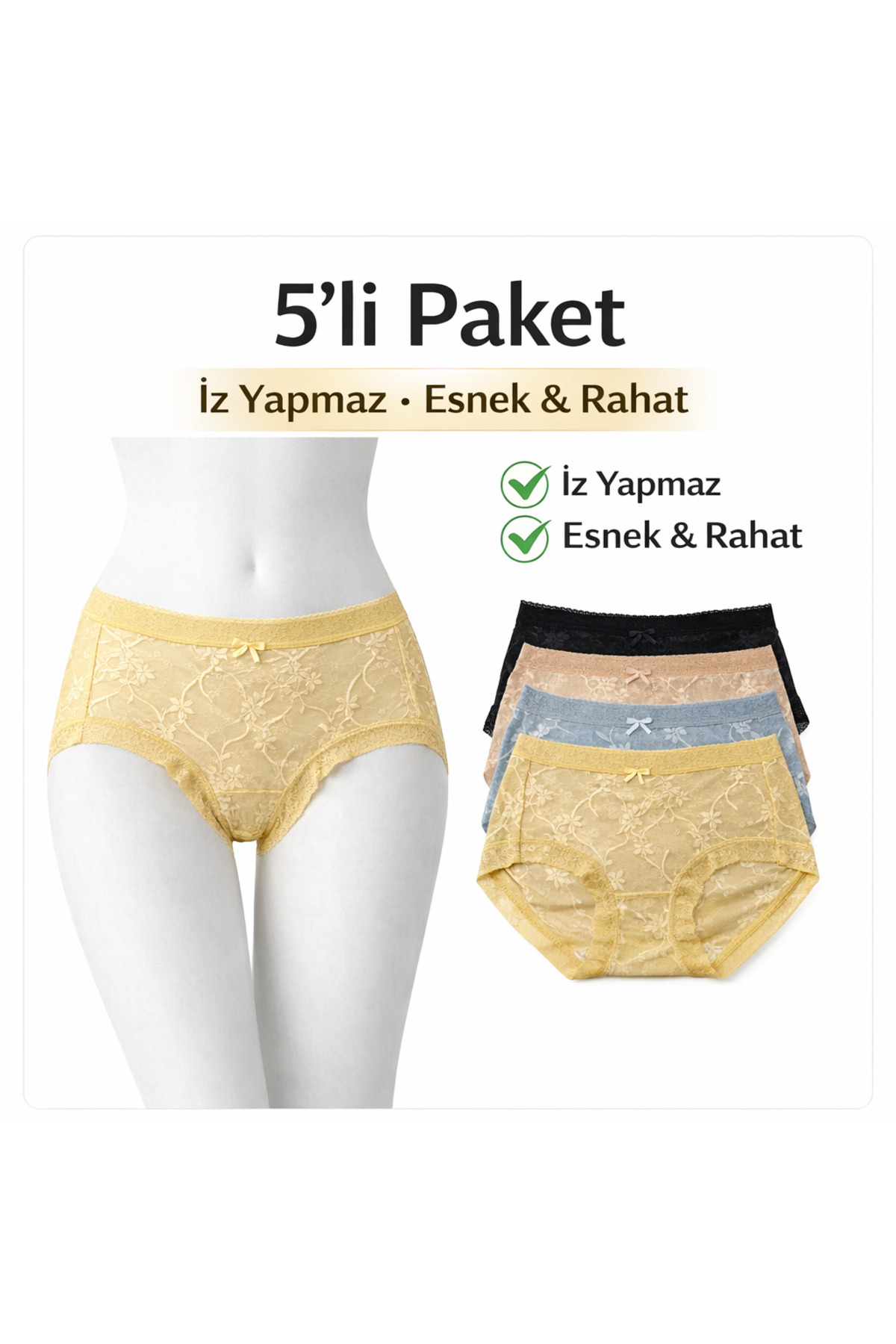 Yüksek Bel Dantel ve Tüllü Dokuma Desenli Kadın Külot Seti 5’li M-L