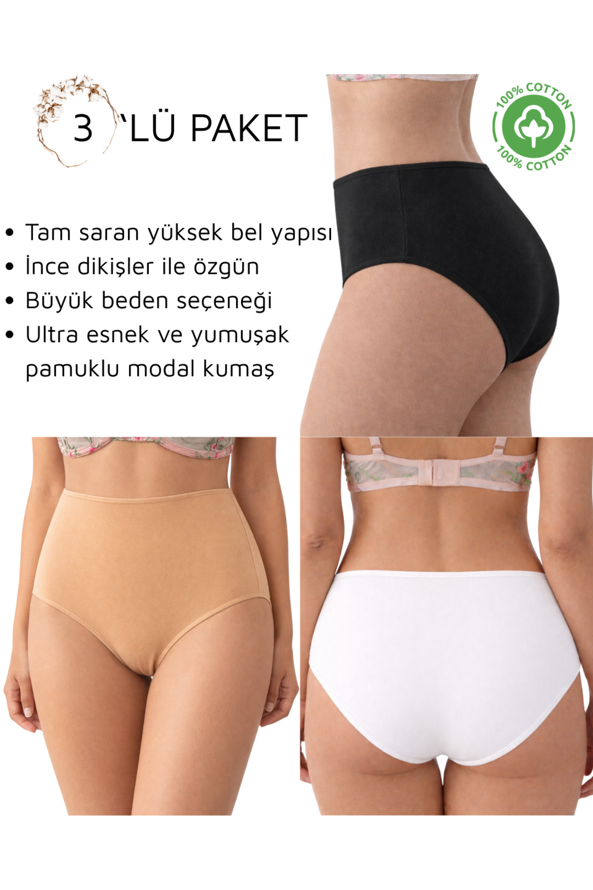 3’lü Yüksek Bel Büyük Beden Bato Külot – Modal Pamuk Karışımlı, Esnek ve Terletmeyen -5114