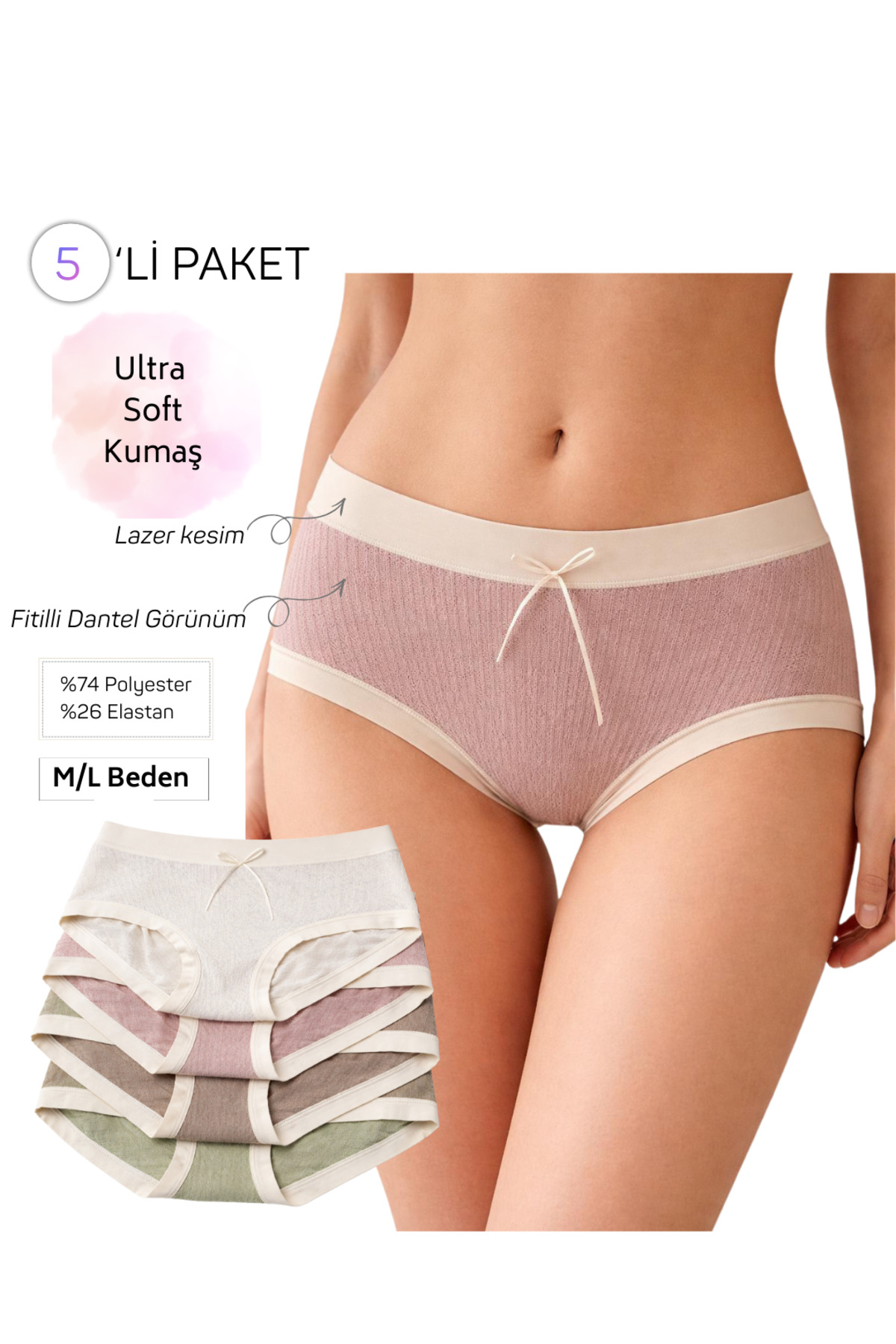 Kadın Yüksek Bel Tüllü Külot | Pamuksu Dantel İz Yapmaz Esnek ve Nefes Alabilen | 5’li Paket | M-L