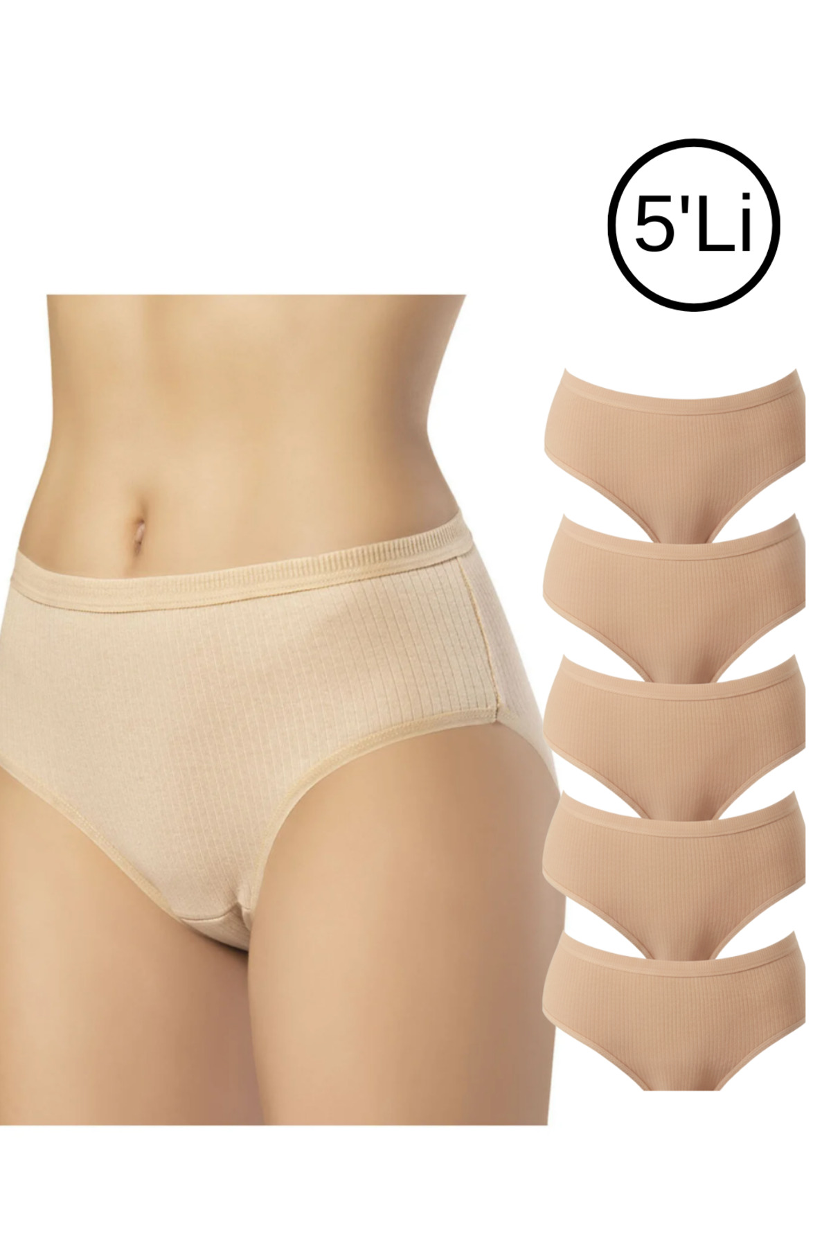 Kadın %100 Pamuk Ribana Fitilli Bato Bikini Külot 5’li Set – Siyah, Beyaz, Ten