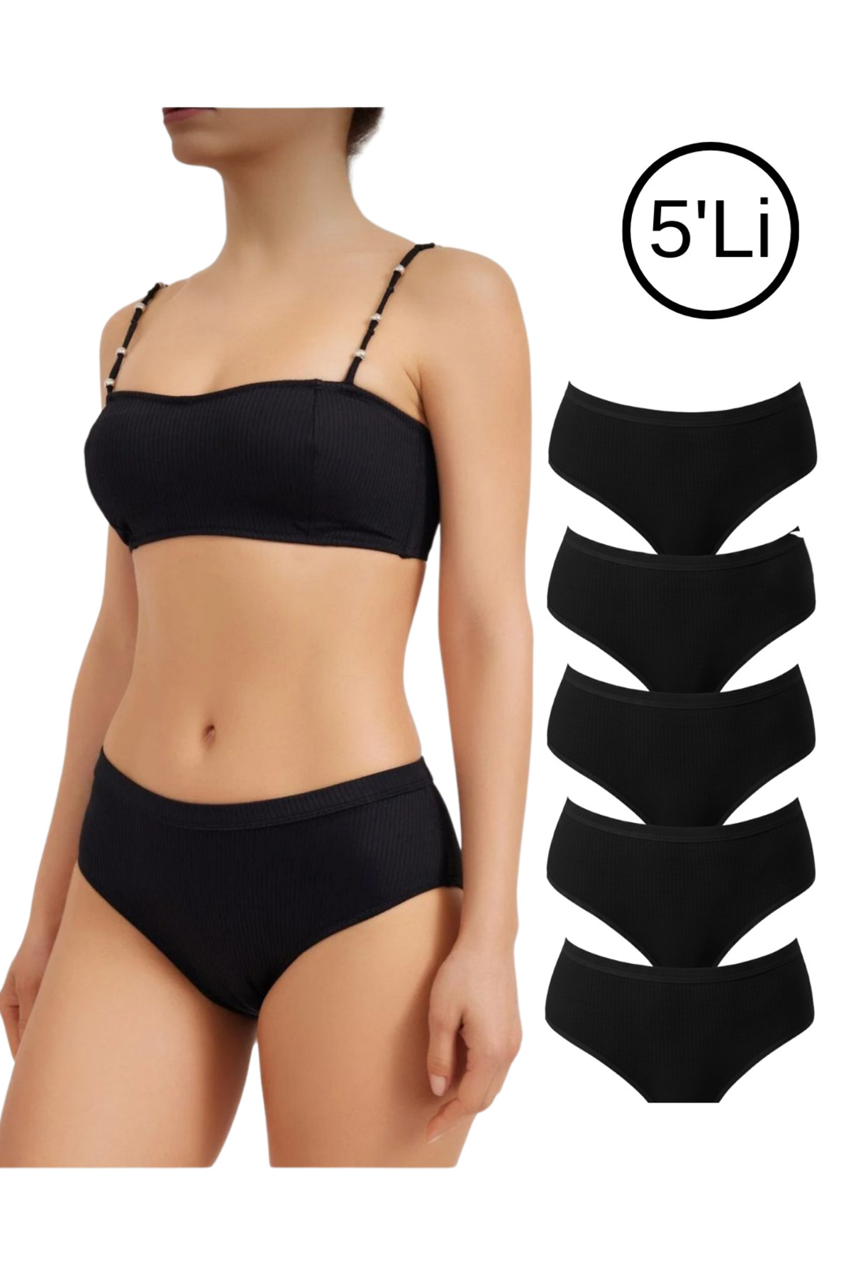 Kadın %100 Pamuk Ribana Fitilli Bato Bikini Külot 5’li Set – Siyah, Beyaz, Ten