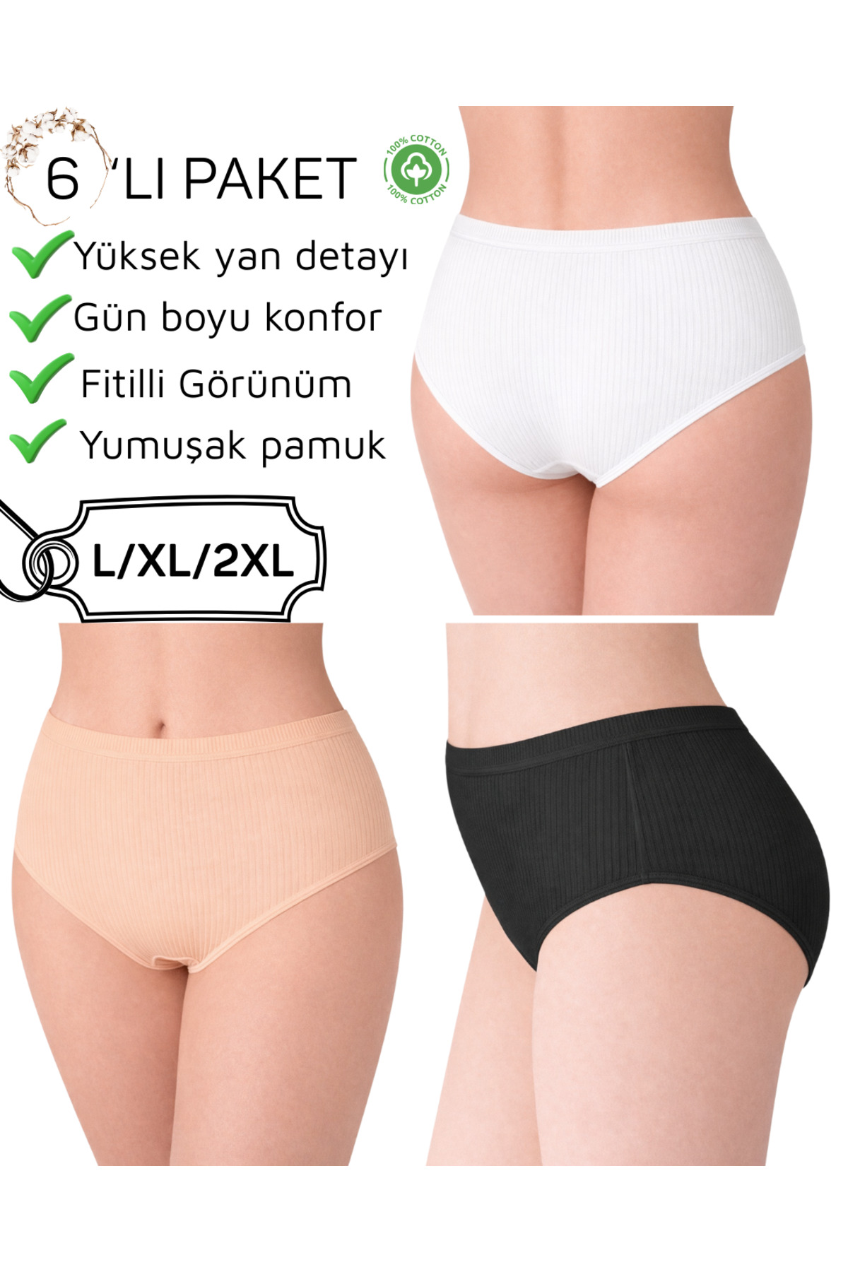 Kadın %100 Pamuk Ribana Fitilli Bato Bikini Külot 5’li Set – Siyah, Beyaz, Ten