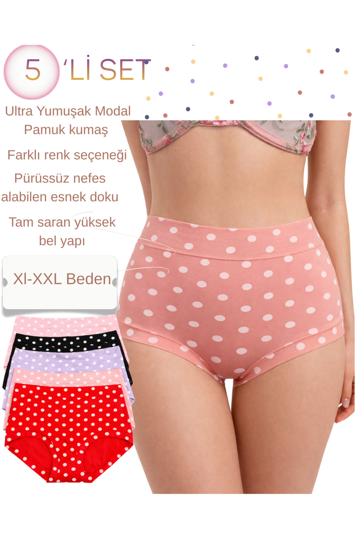 Yüksek Bel Slip Kadın Külot – Puantiyeli Desen, Nefes Alan Kumaş, 5’li Set