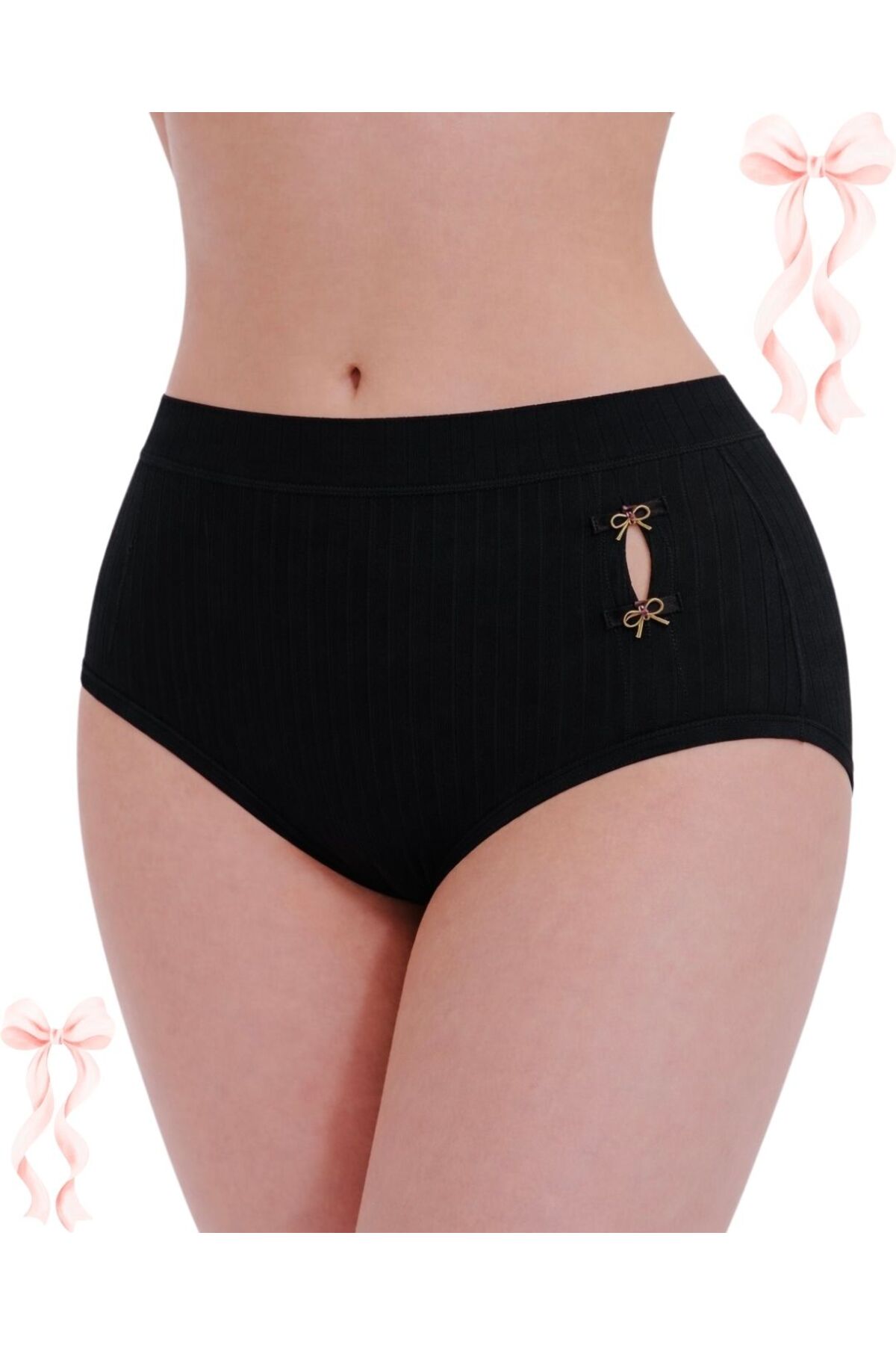 Yüksek Bel Fitilli Ribanalı Kadın Külot – Yan Fiyonklu, 5’li Set, L–XL