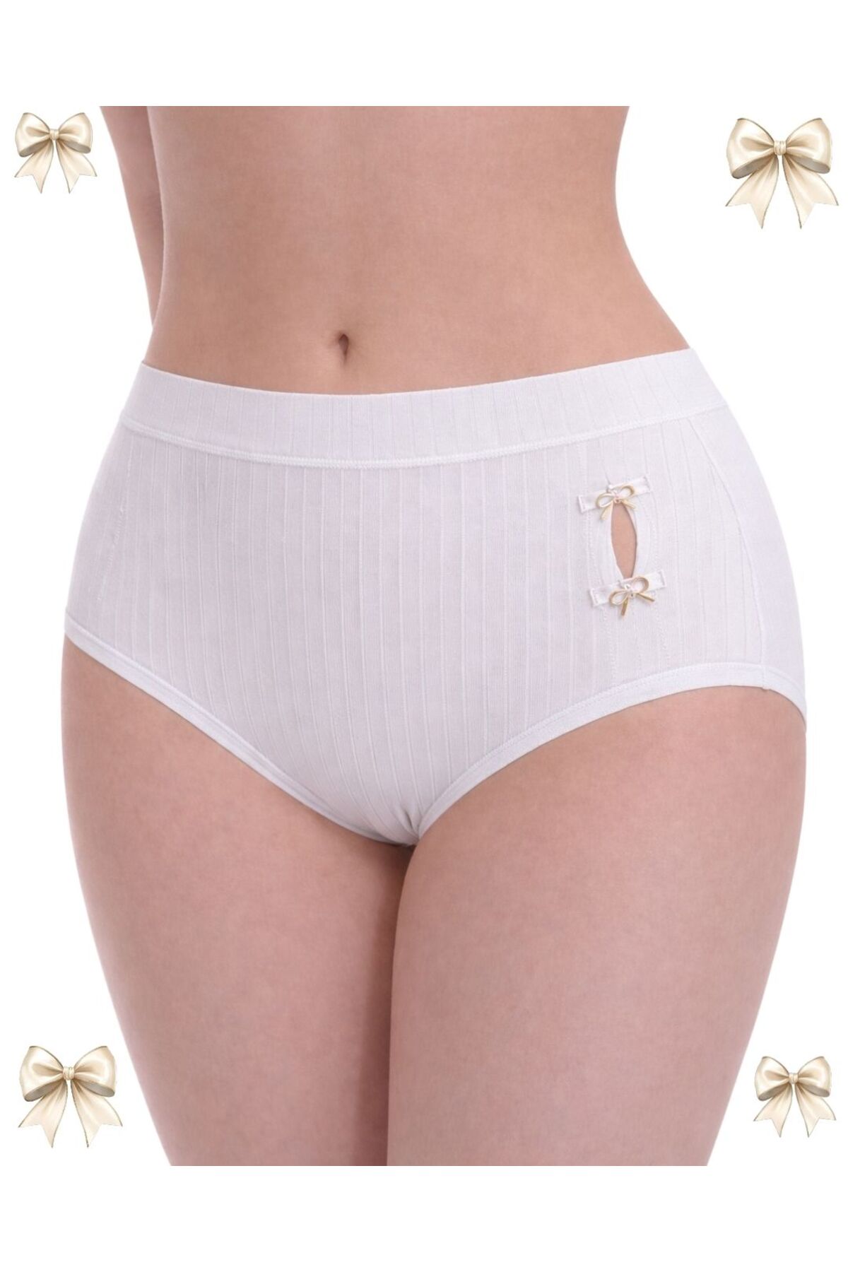Yüksek Bel Fitilli Ribanalı Kadın Külot – Yan Fiyonklu, 5’li Set, L–XL