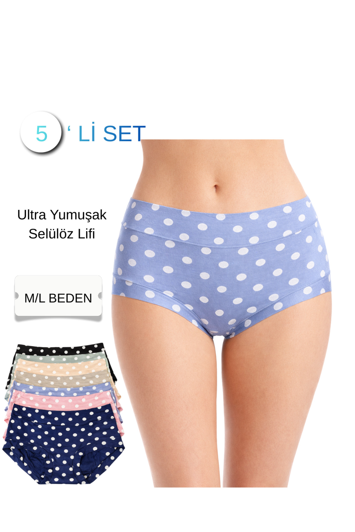 Kadın Yüksek Bel Puantiyeli Külot 5’li Set – Ultra Yumuşak-İnce Dikişli, M/L